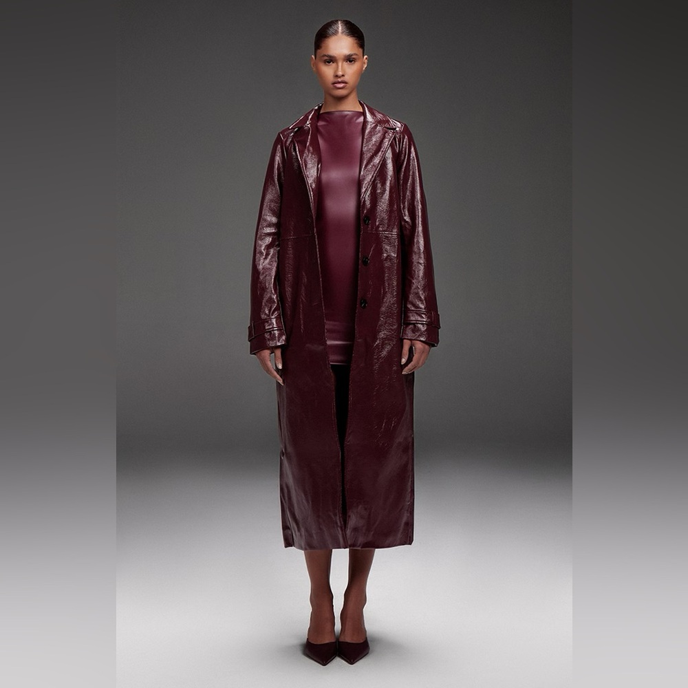 PRETTY LITTLE THING BURGUNDY HIGH SHINE TEXTURED FAUX LEATHER MAXI COAT